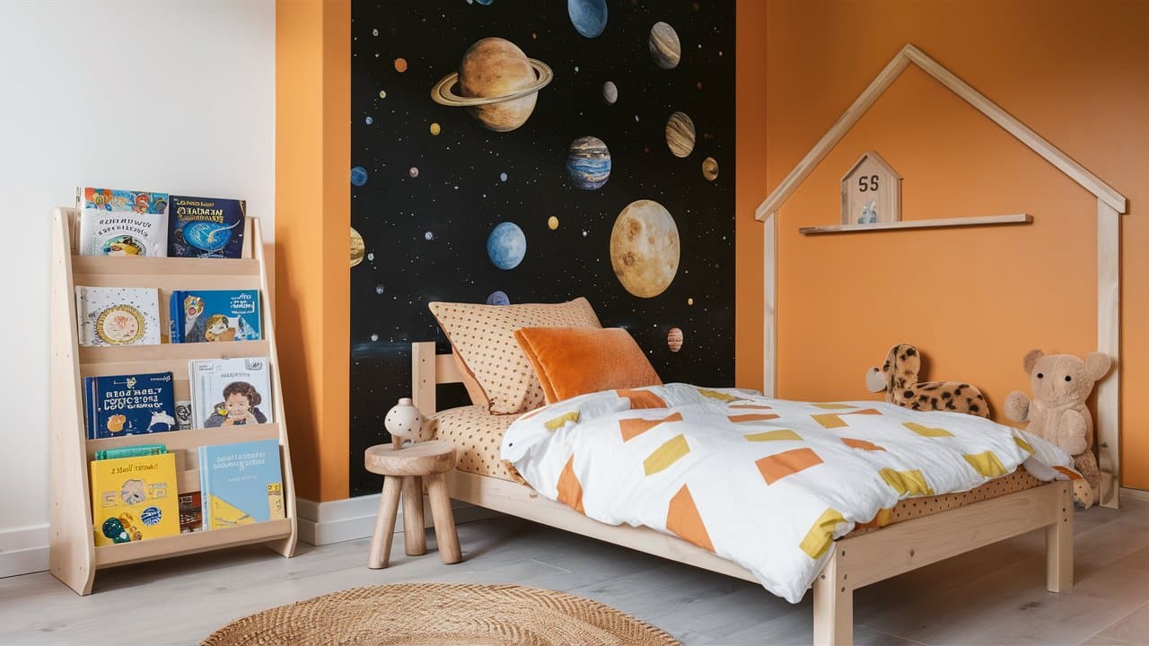 chambre enfant orange theme espace